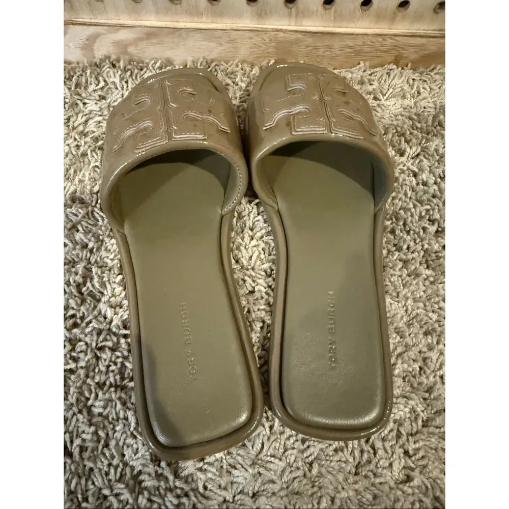 Tory Burch Double T Sport Slide Olive Green Patent Leather Size 6